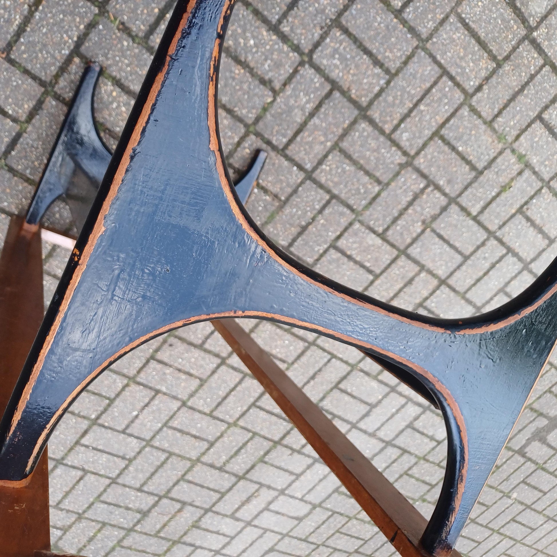 Unique 1970s Danish Style Coffee Table Smoked Glass Top, Black Painted Base, Distressed Upcycled Finish