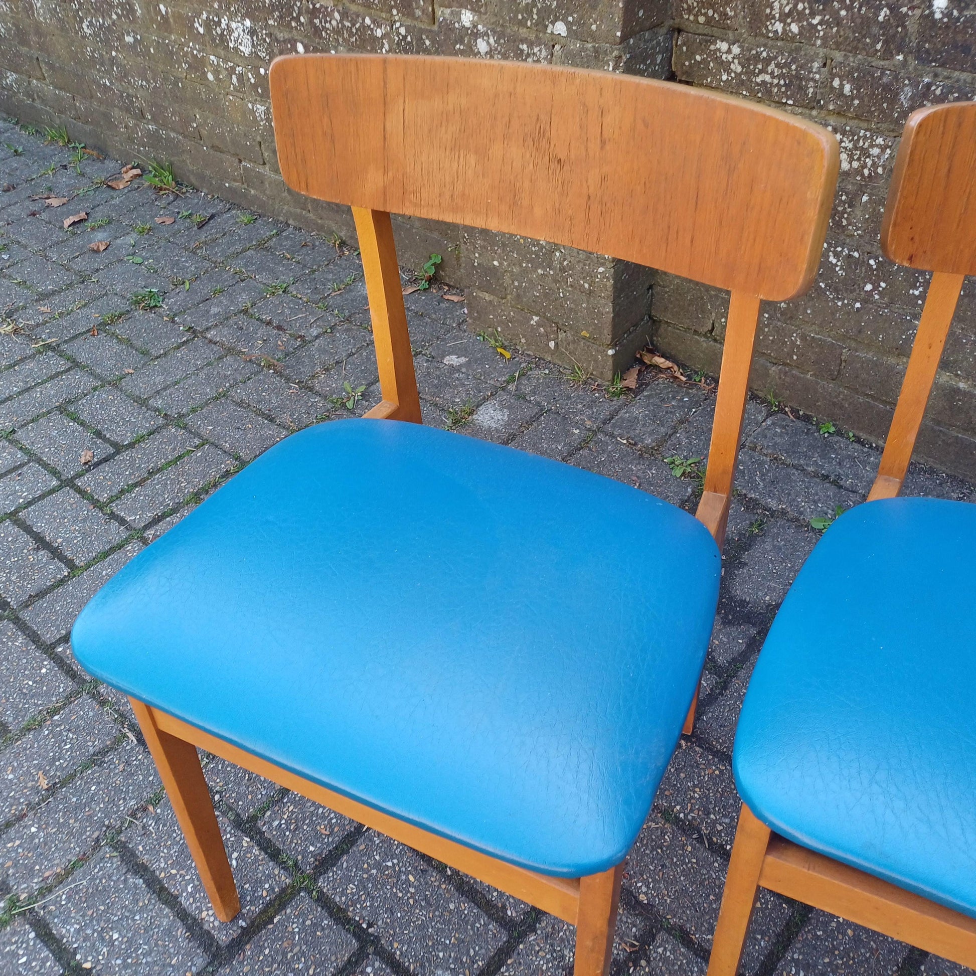 Pair of Mid-Century Modern Retro Dining Chairs Solid Wood Frames with Blue Vinyl Seats