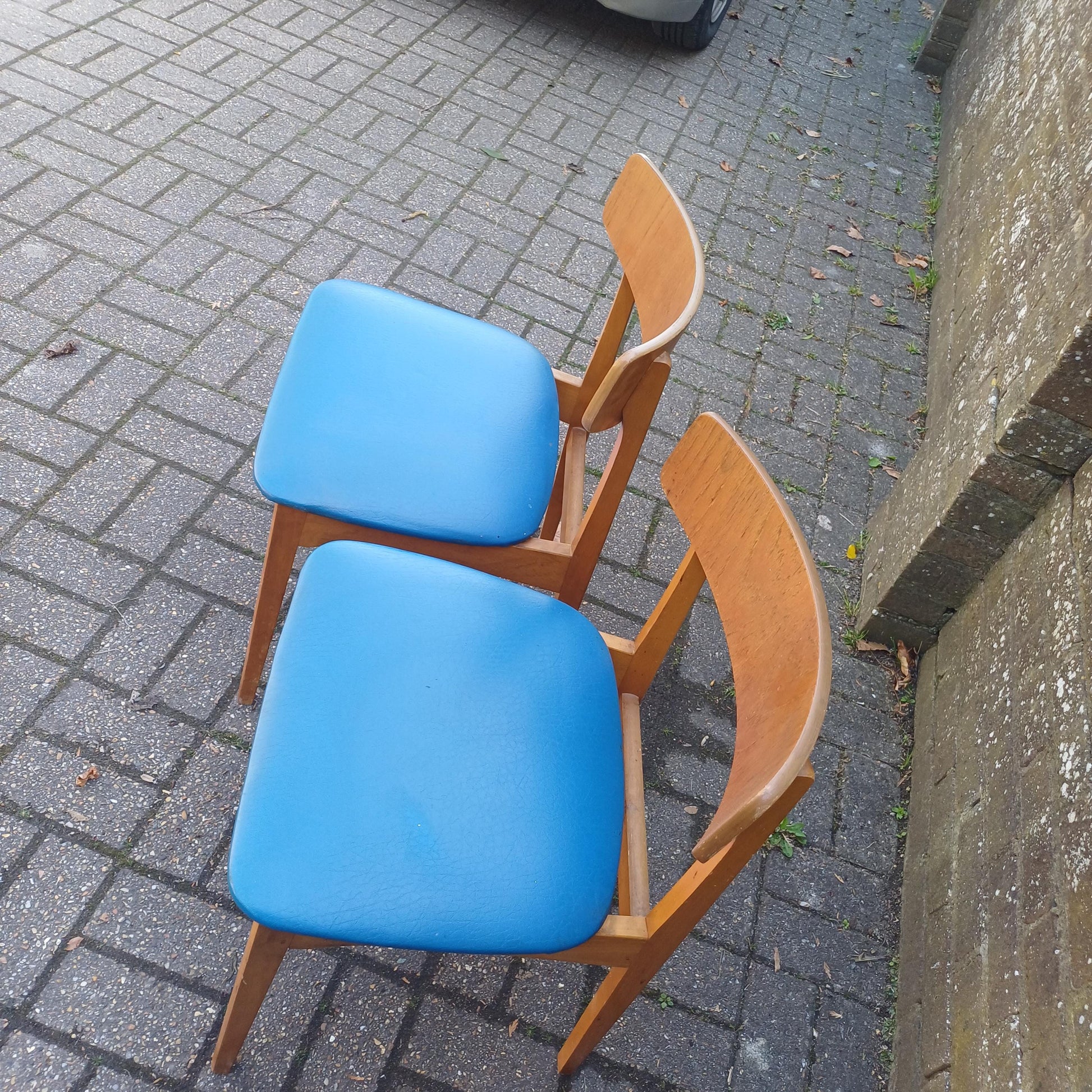 Pair of Mid-Century Modern Retro Dining Chairs Solid Wood Frames with Blue Vinyl Seats