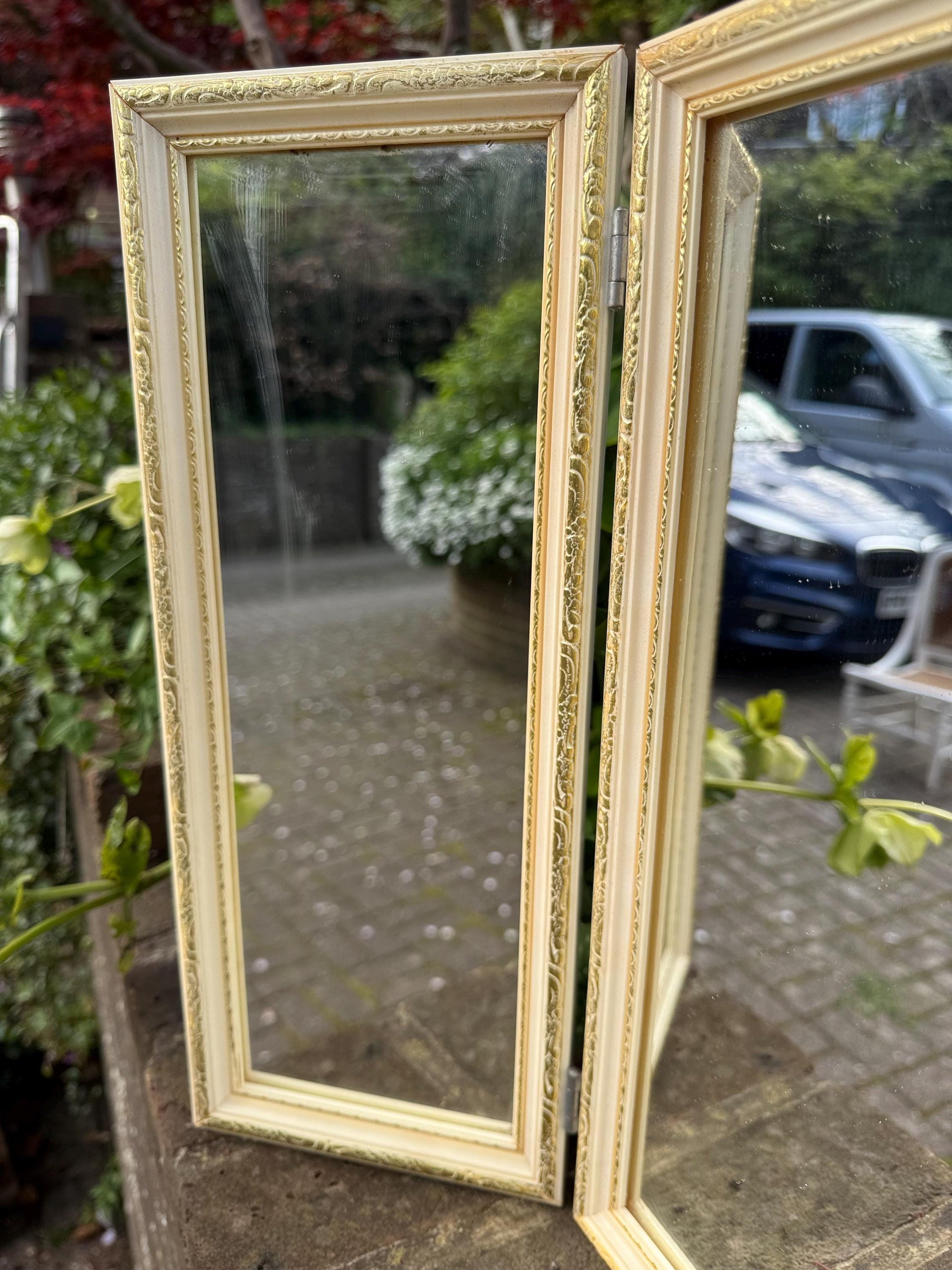 Retro vintage triple mirror, vintage dressing table mirror, cream and gold bedroom vanity mirror