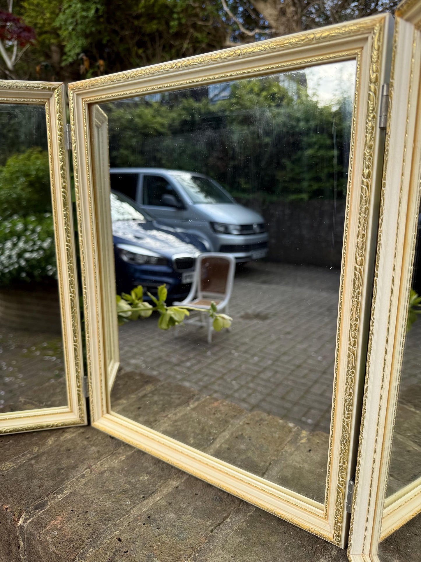Retro vintage triple mirror, vintage dressing table mirror, cream and gold bedroom vanity mirror