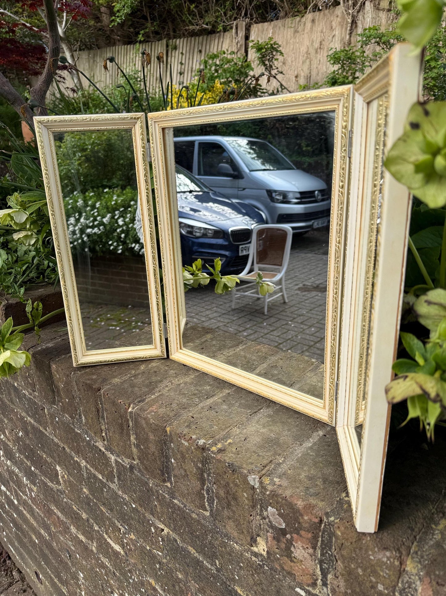 Retro vintage triple mirror, vintage dressing table mirror, cream and gold bedroom vanity mirror