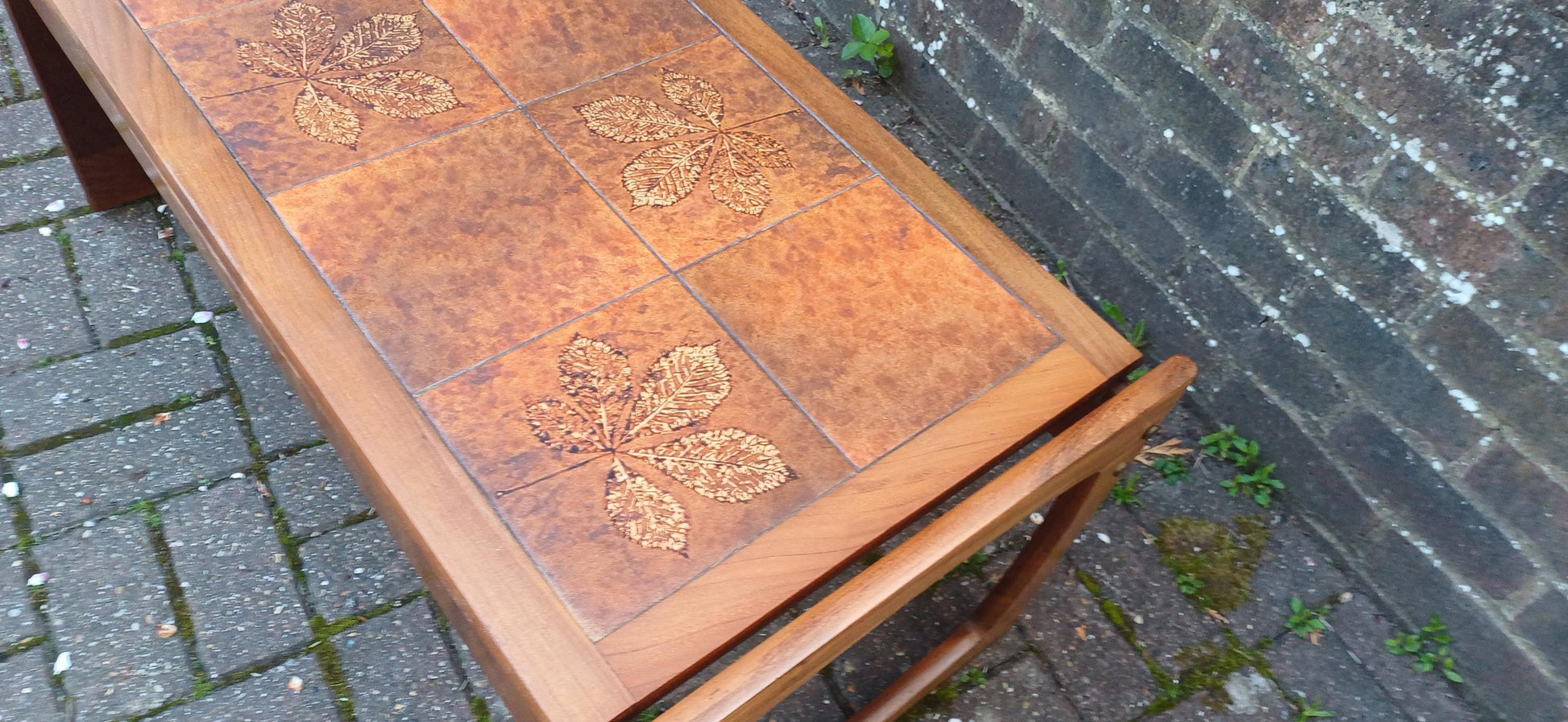 Vintage Mid-Century Modern Teak and Tiled Coffee Table Chestnut Leaf Design 1970s Retro Boho Scandi Style FREE HAND Delivery