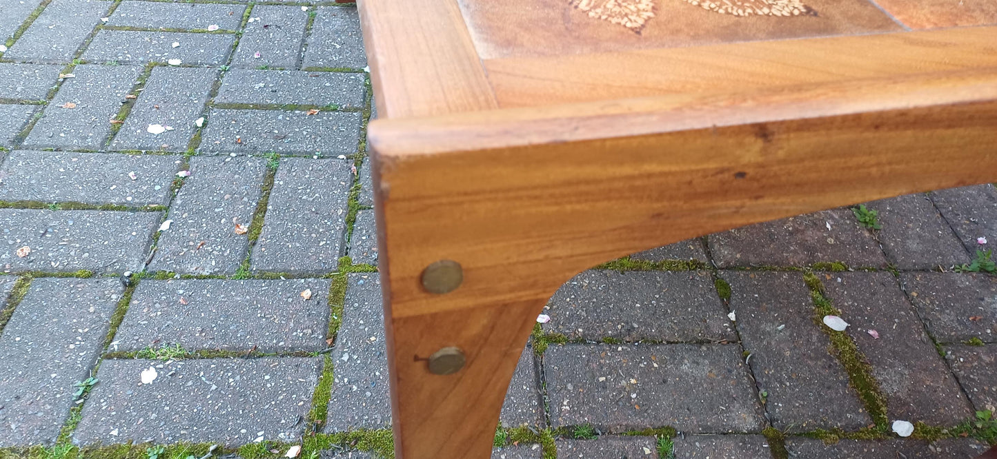Vintage Mid-Century Modern Teak and Tiled Coffee Table Chestnut Leaf Design 1970s Retro Boho Scandi Style FREE HAND Delivery