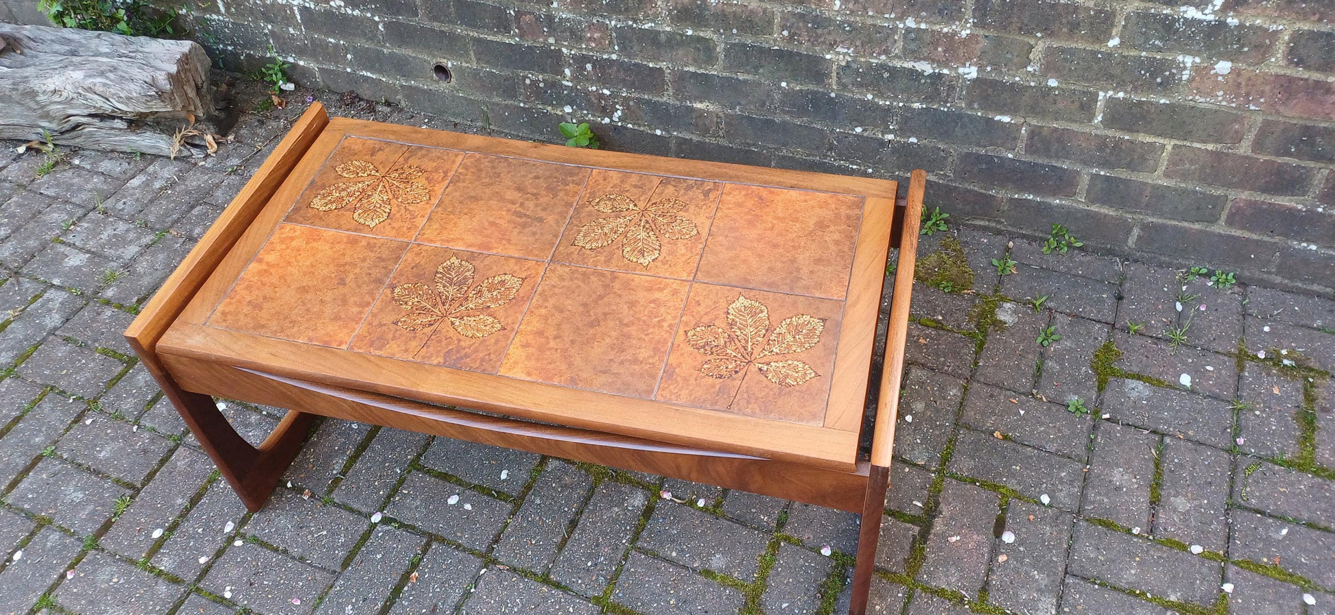 Vintage Mid-Century Modern Teak and Tiled Coffee Table Chestnut Leaf Design 1970s Retro Boho Scandi Style FREE HAND Delivery
