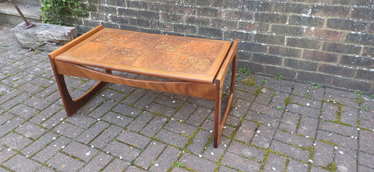 Vintage Mid-Century Modern Teak and Tiled Coffee Table Chestnut Leaf Design 1970s Retro Boho Scandi Style FREE HAND Delivery