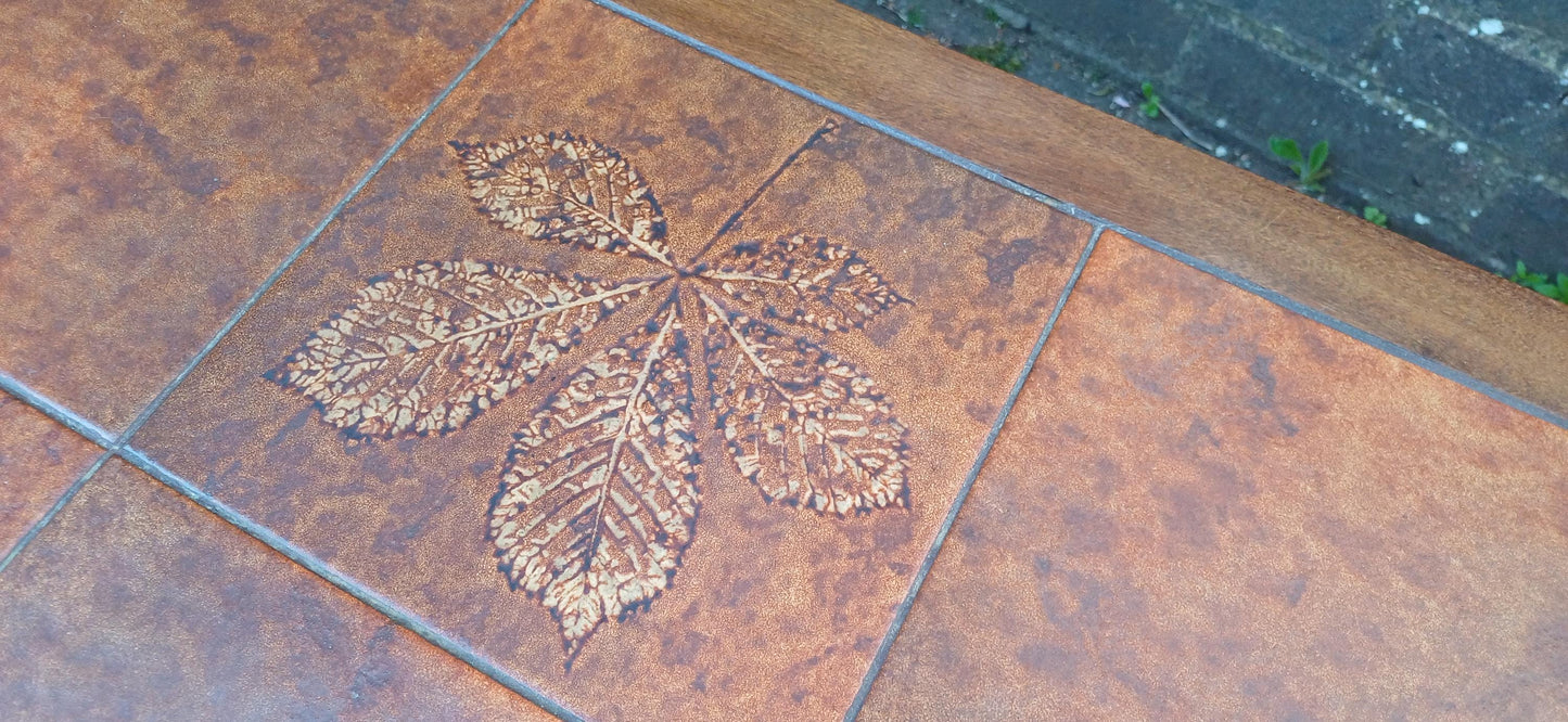 Vintage Mid-Century Modern Teak and Tiled Coffee Table Chestnut Leaf Design 1970s Retro Boho Scandi Style FREE HAND Delivery
