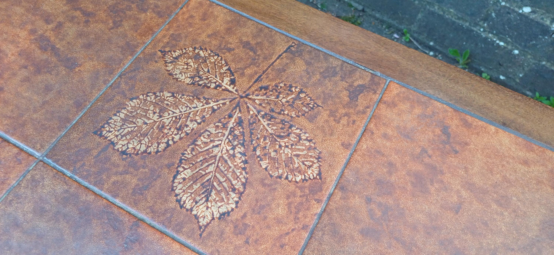 Vintage Mid-Century Modern Teak and Tiled Coffee Table Chestnut Leaf Design 1970s Retro Boho Scandi Style FREE HAND Delivery