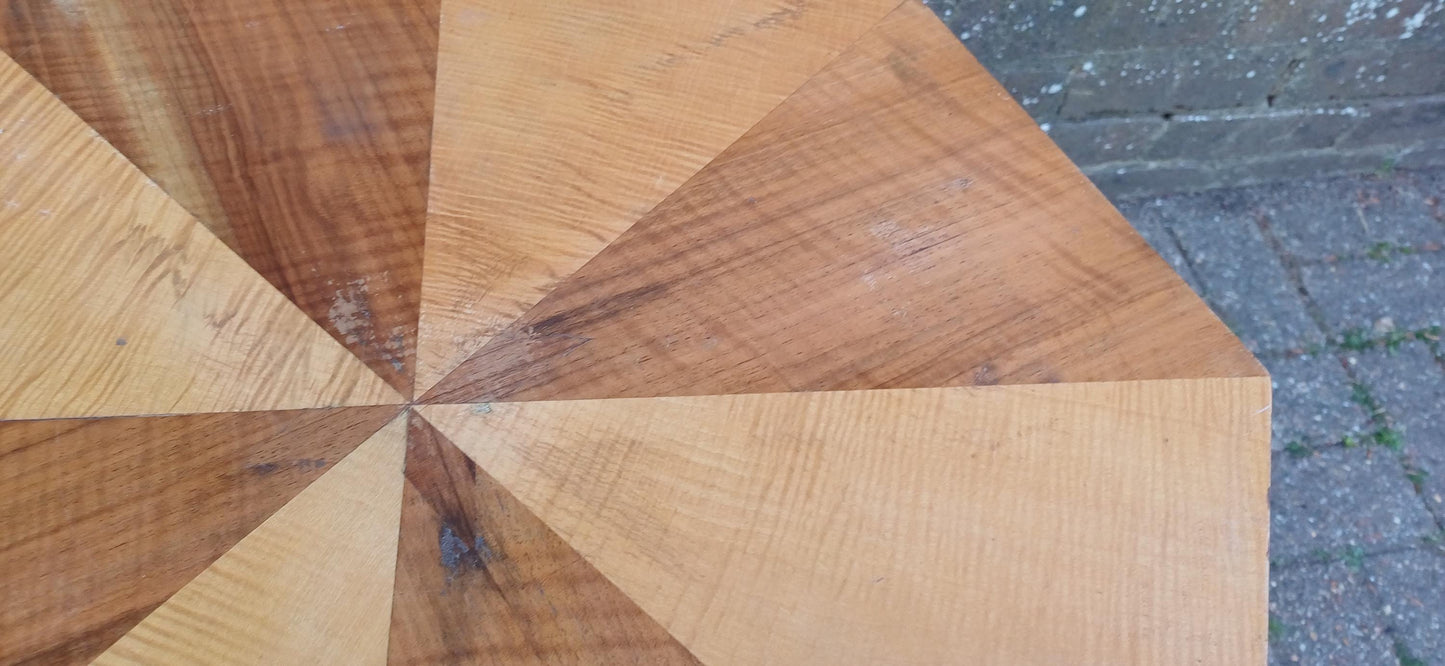 Art Deco Handcrafted Wooden Pedestal Table – Octagonal Sunburst Veneer Top, Vintage Side or Display Table FREE HAND Delivery