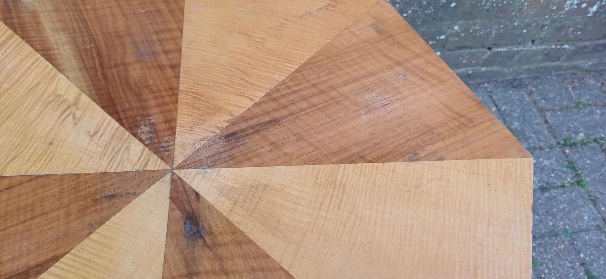 Art Deco Handcrafted Wooden Pedestal Table – Octagonal Sunburst Veneer Top, Vintage Side or Display Table FREE HAND Delivery