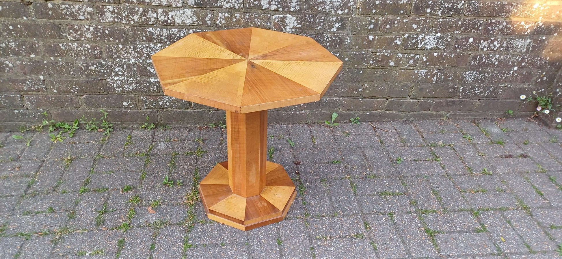 Art Deco Handcrafted Wooden Pedestal Table – Octagonal Sunburst Veneer Top, Vintage Side or Display Table FREE HAND Delivery