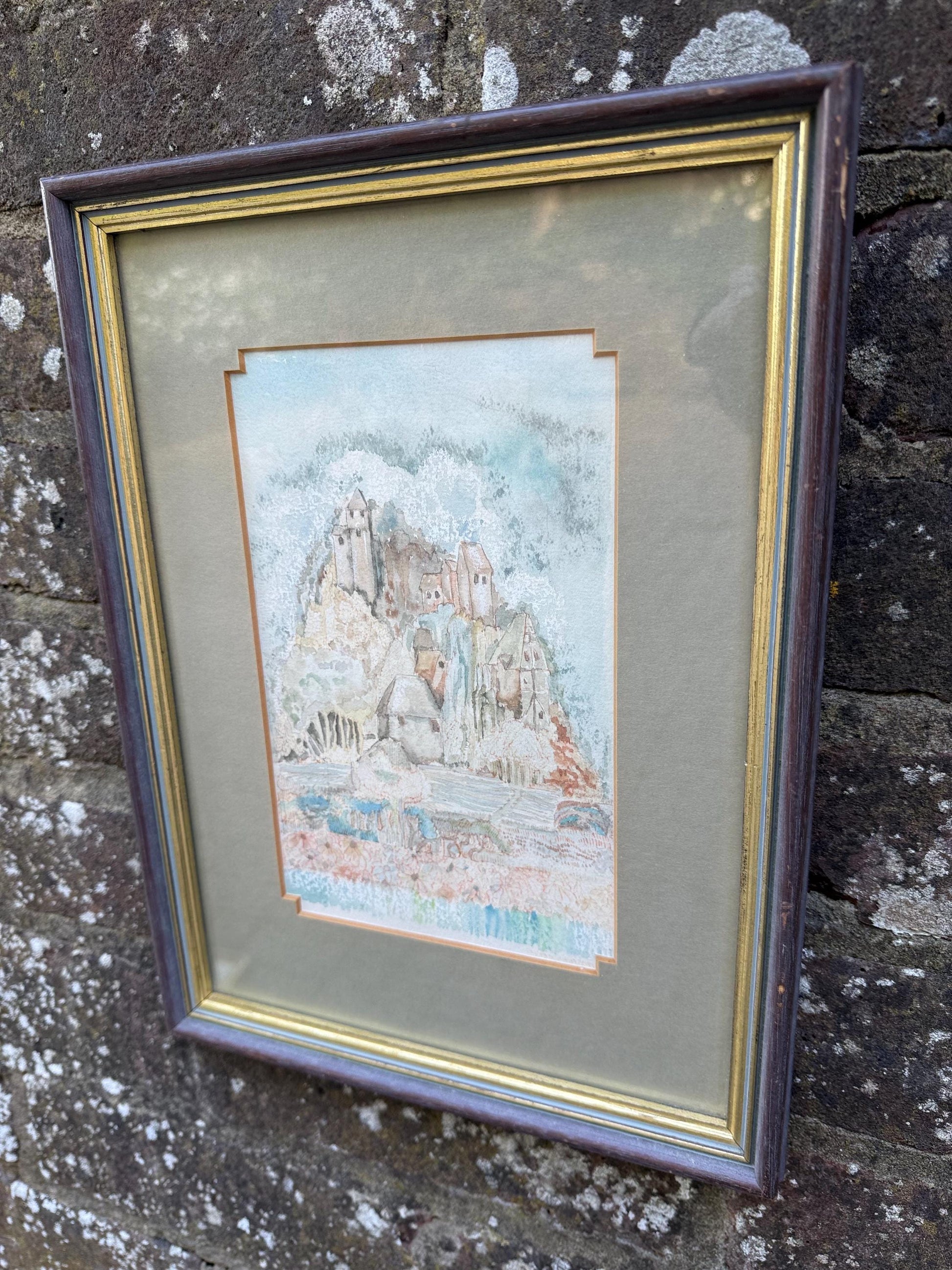 Vintage Original French Village Watercolour, naive style, Framed Pastoral Countryside Scene, Soft Impressionist Style Artwork