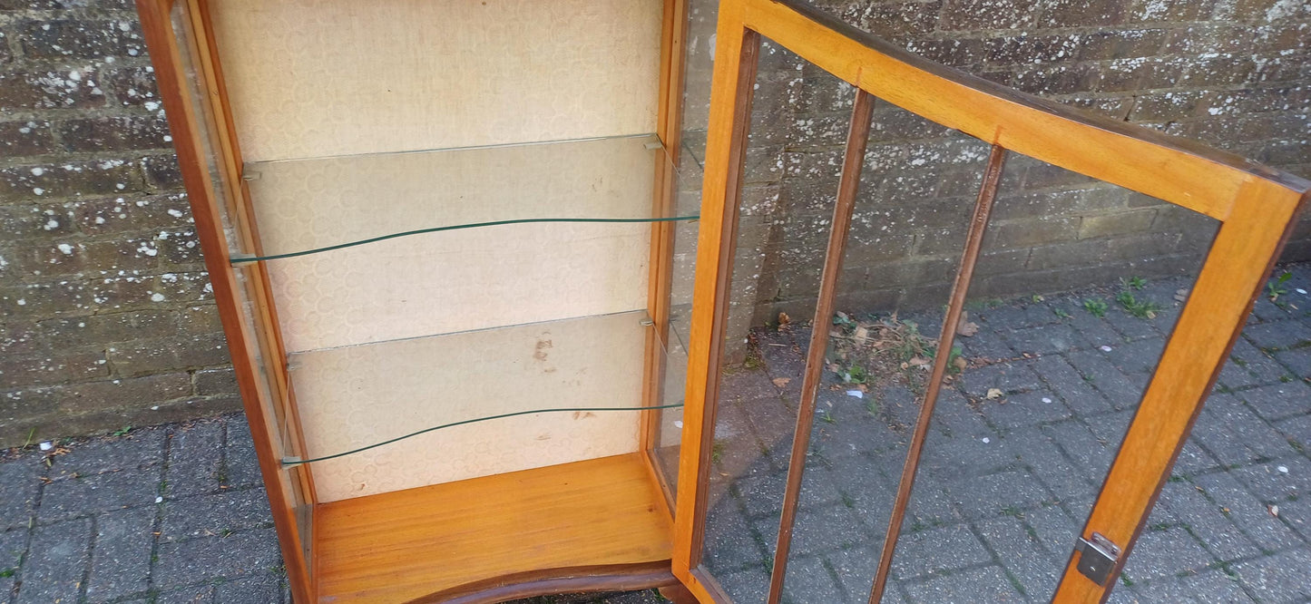 Vintage Bow Front Glass Display Cabinet Mid Century Walnut Curio Case with Cabriole Legs & Velvet Backing