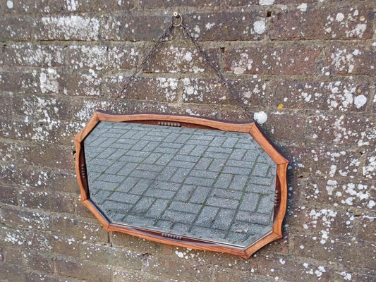 Vintage oak framed, irregular octagonal shaped wall mirror - excellent quality vintage mirror