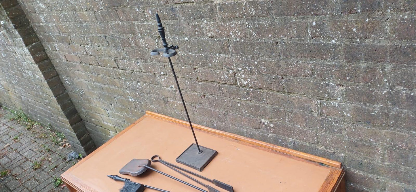 Delightful vintage retro full fire iron set with a stand - vintage fire poker, fire stand, shovel, fire tongs - metal vintage fire set