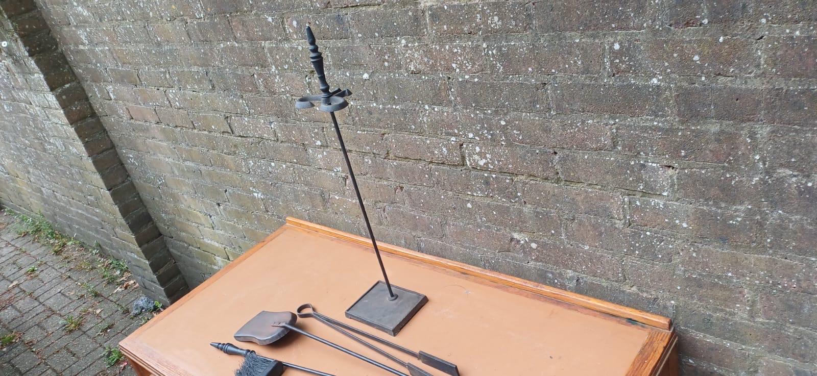 Delightful vintage retro full fire iron set with a stand - vintage fire poker, fire stand, shovel, fire tongs - metal vintage fire set