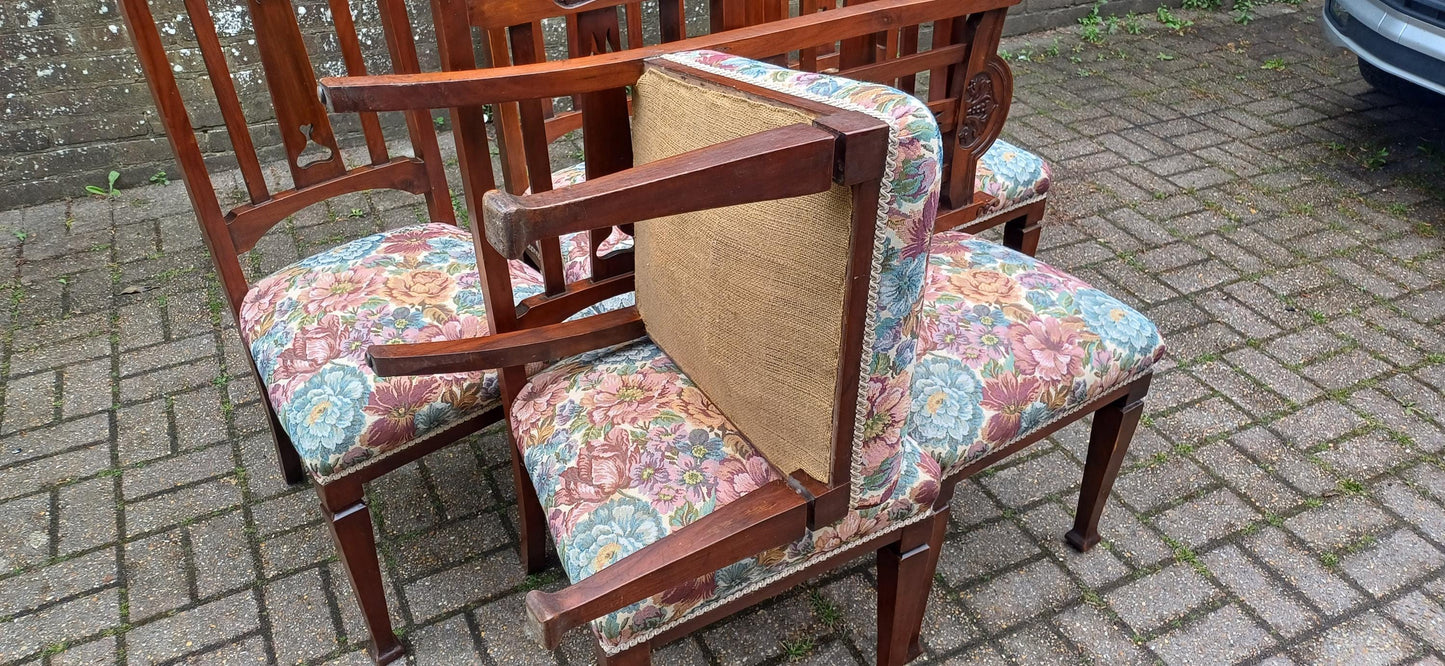 Set of 6 Antique Carved Walnut Dining Chairs with Floral Tapestry Seats Art Nouveau High End Quality Vintage FREE HAND Delivery