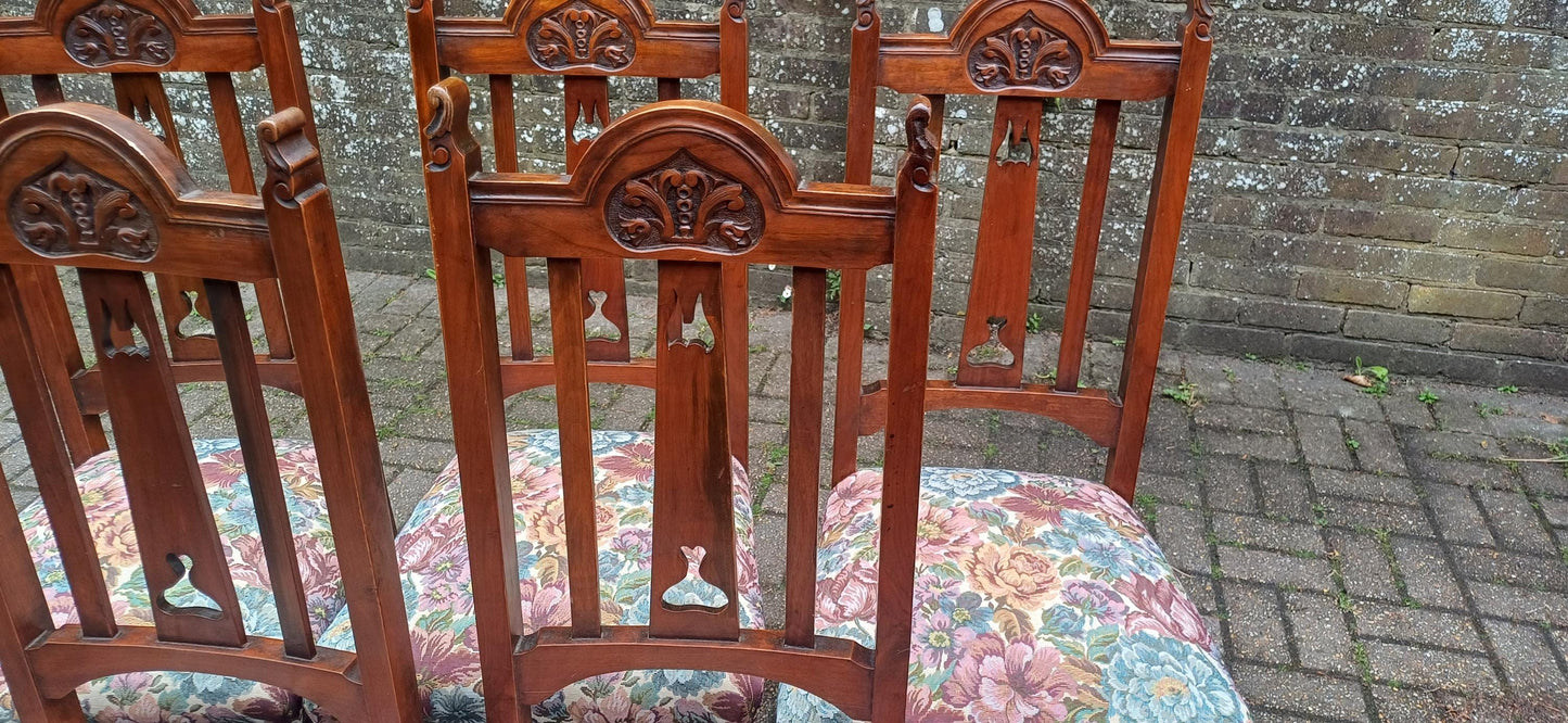 Set of 6 Antique Carved Walnut Dining Chairs with Floral Tapestry Seats Art Nouveau High End Quality Vintage FREE HAND Delivery