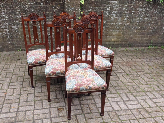 Set of 6 Antique Carved Walnut Dining Chairs with Floral Tapestry Seats Art Nouveau High End Quality Vintage FREE HAND Delivery