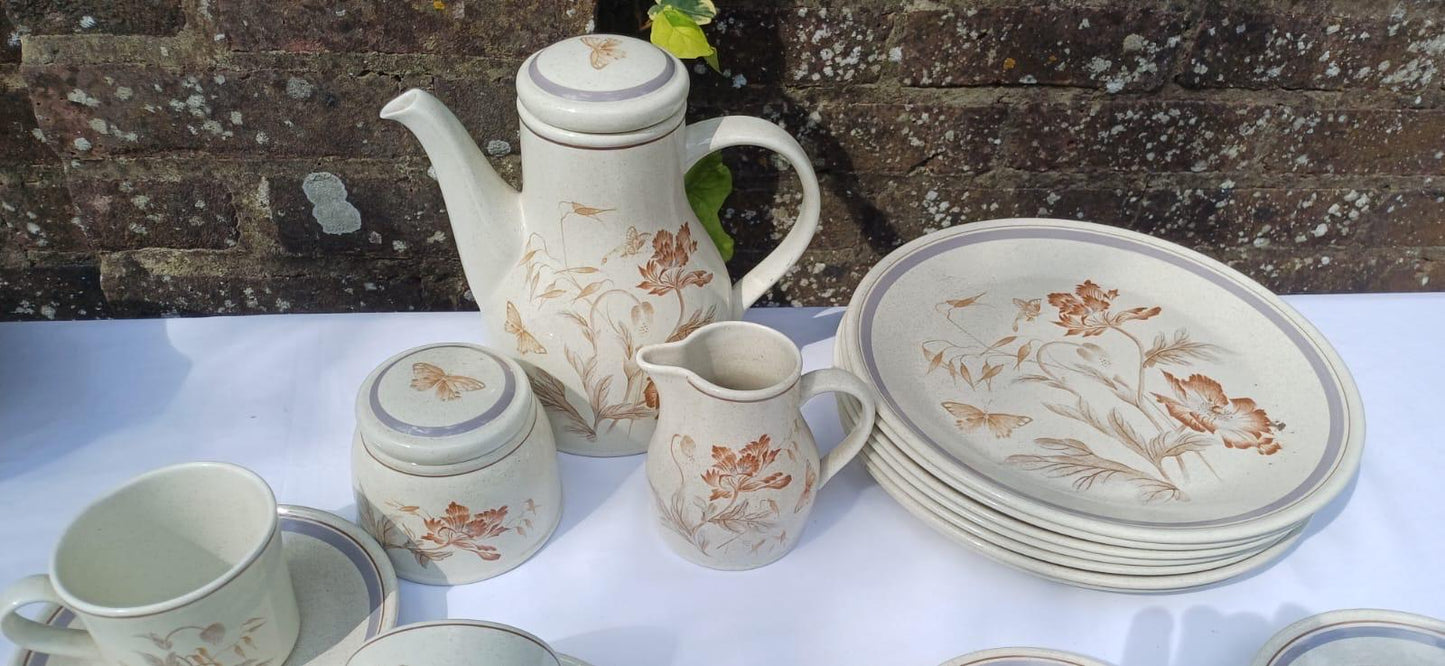 Rare Vintage Royal Albert Summer Fantasy Country Garden Stoneware Dinner Set – min 6 place set, Floral & Butterfly Retro - 44 pieces