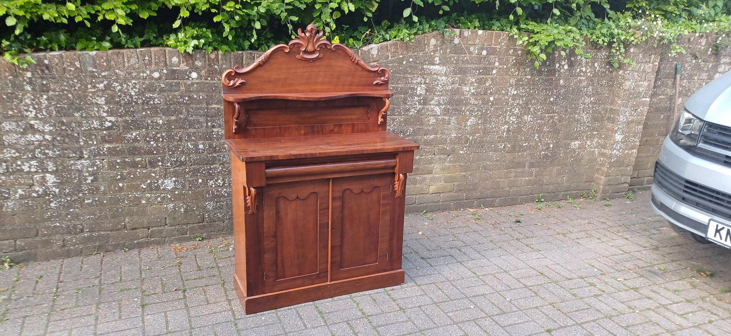 Victorian Rococo Revival Mahogany Chiffoniere 19th Century Antique Sideboard with Carved Pediment & Gothic Panels FREE HAND Delivery