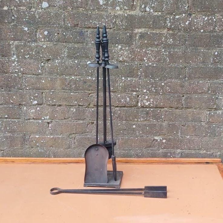 Delightful vintage retro full fire iron set with a stand - vintage fire poker, fire stand, shovel, fire tongs - metal vintage fire set