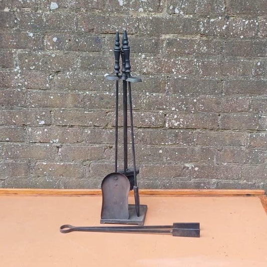 Delightful vintage retro full fire iron set with a stand - vintage fire poker, fire stand, shovel, fire tongs - metal vintage fire set