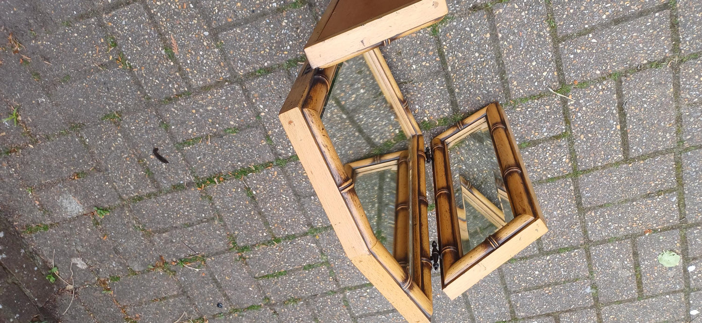 Vintage 80s Faux Bamboo Folding Vanity Mirror – Triple Bevelled Dressing Table Mirror with Adjustable Panels