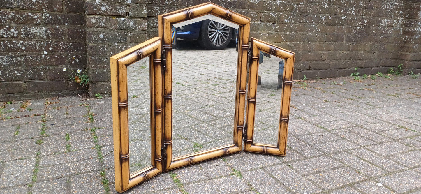 Vintage 80s Faux Bamboo Folding Vanity Mirror – Triple Bevelled Dressing Table Mirror with Adjustable Panels
