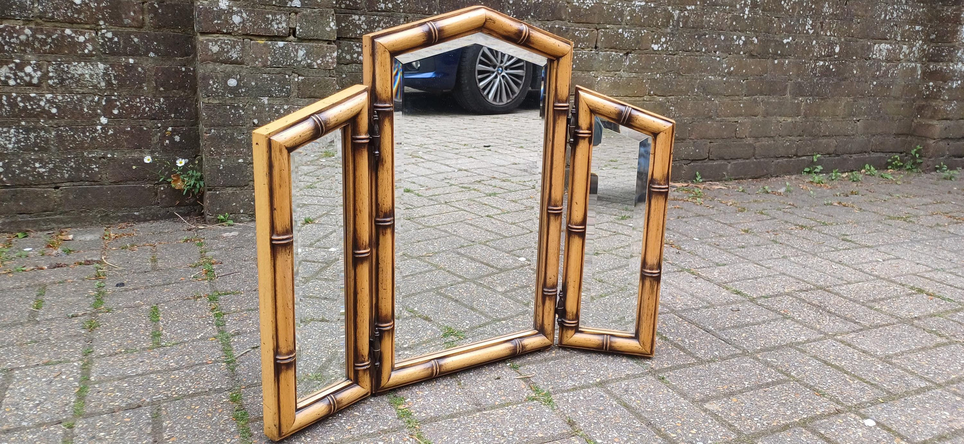 Vintage 80s Faux Bamboo Folding Vanity Mirror – Triple Bevelled Dressing Table Mirror with Adjustable Panels