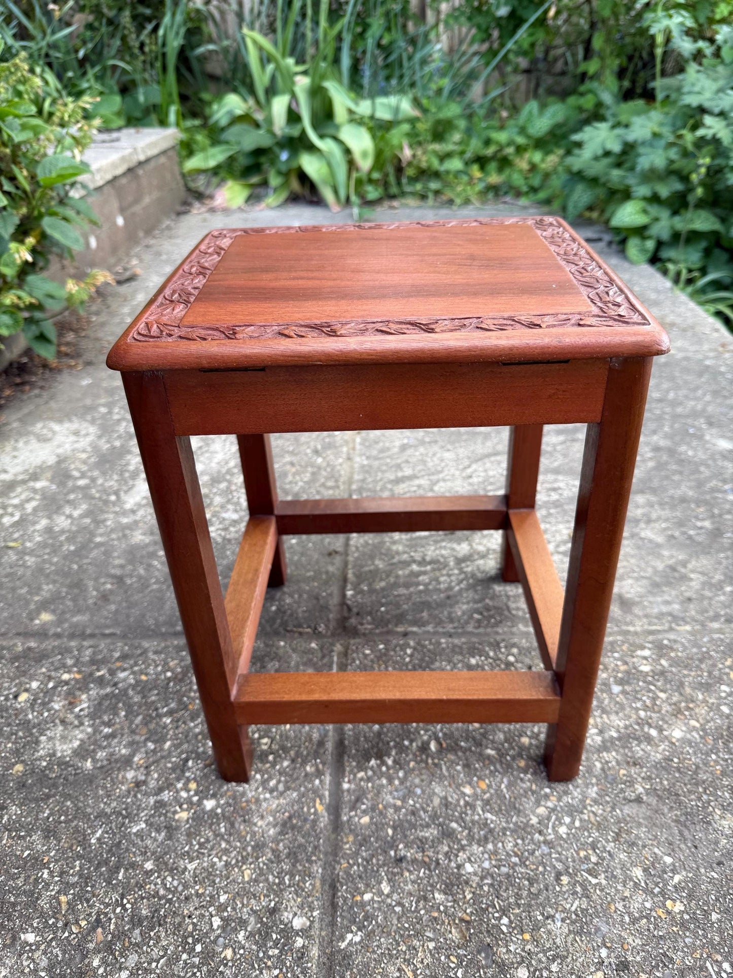 Vintage hand carved side table, leaf border accent, storage drawer, 1950s small wooden table or plant stand, occasional small table