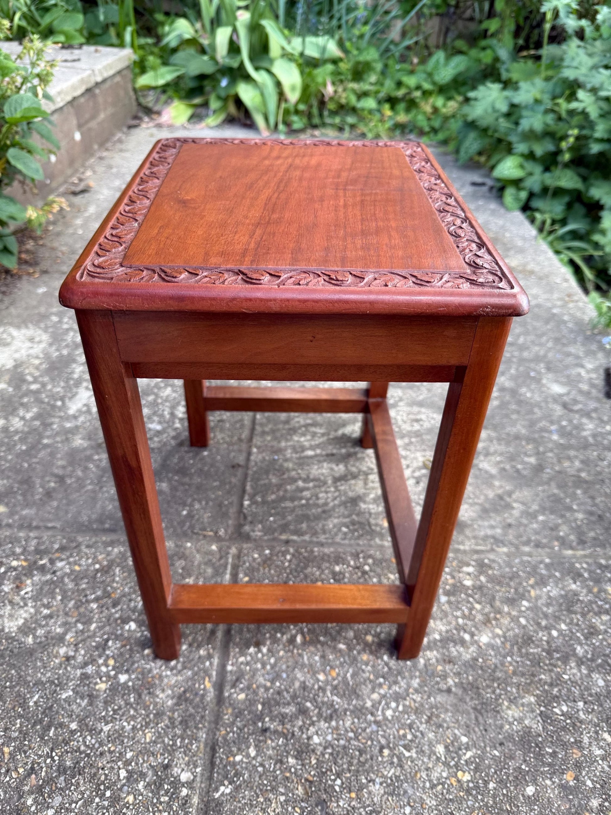 Delightful hand carved vintage 1950s occasional table with secret storage compartment; small side table, plant stand, mid century table