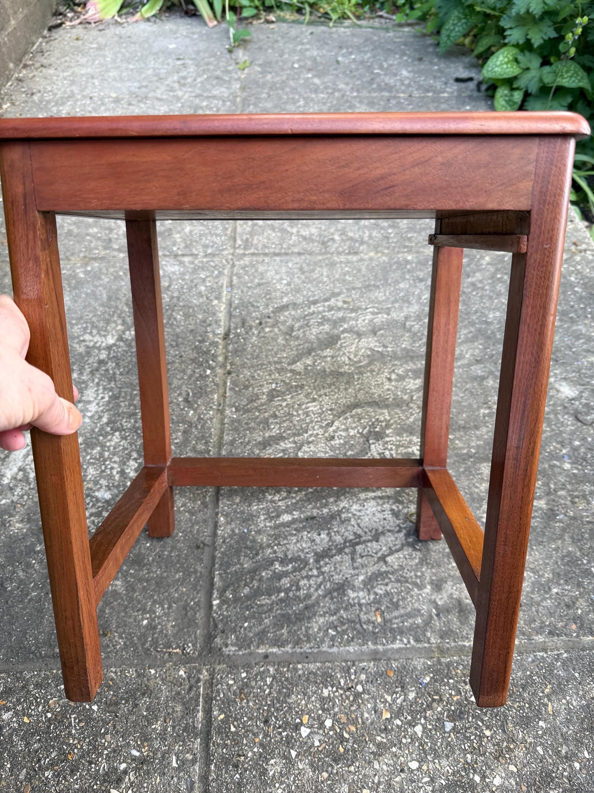Delightful hand carved vintage 1950s occasional table with secret storage compartment; small side table, plant stand, mid century table