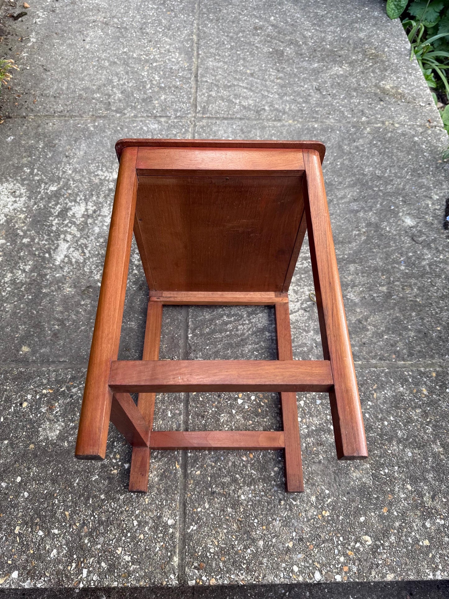 Delightful hand carved vintage 1950s occasional table with secret storage compartment; small side table, plant stand, mid century table