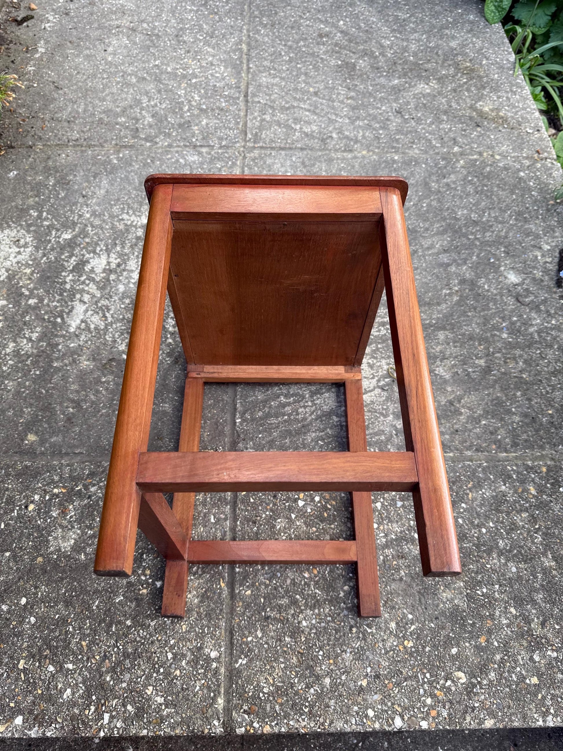 Delightful hand carved vintage 1950s occasional table with secret storage compartment; small side table, plant stand, mid century table