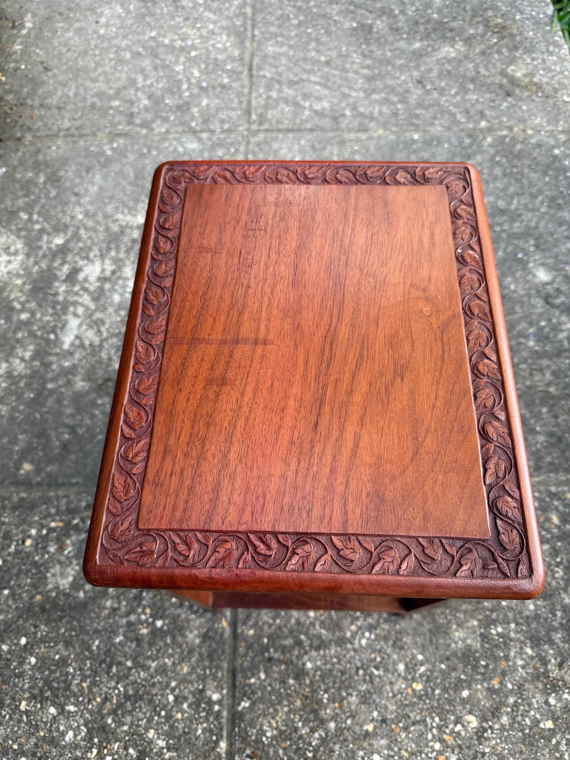 Delightful hand carved vintage 1950s occasional table with secret storage compartment; small side table, plant stand, mid century table