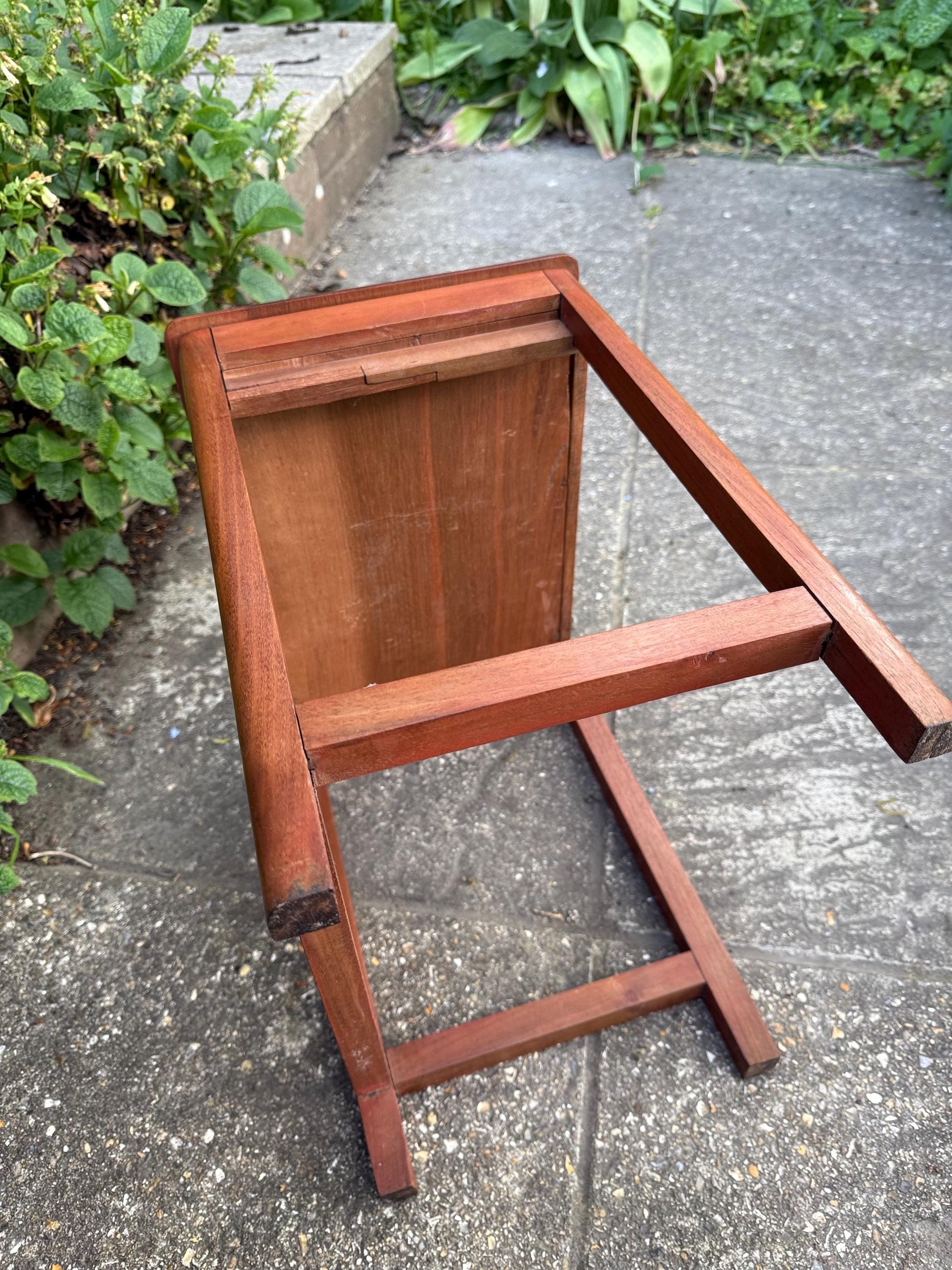 Delightful hand carved vintage 1950s occasional table with secret storage compartment; small side table, plant stand, mid century table