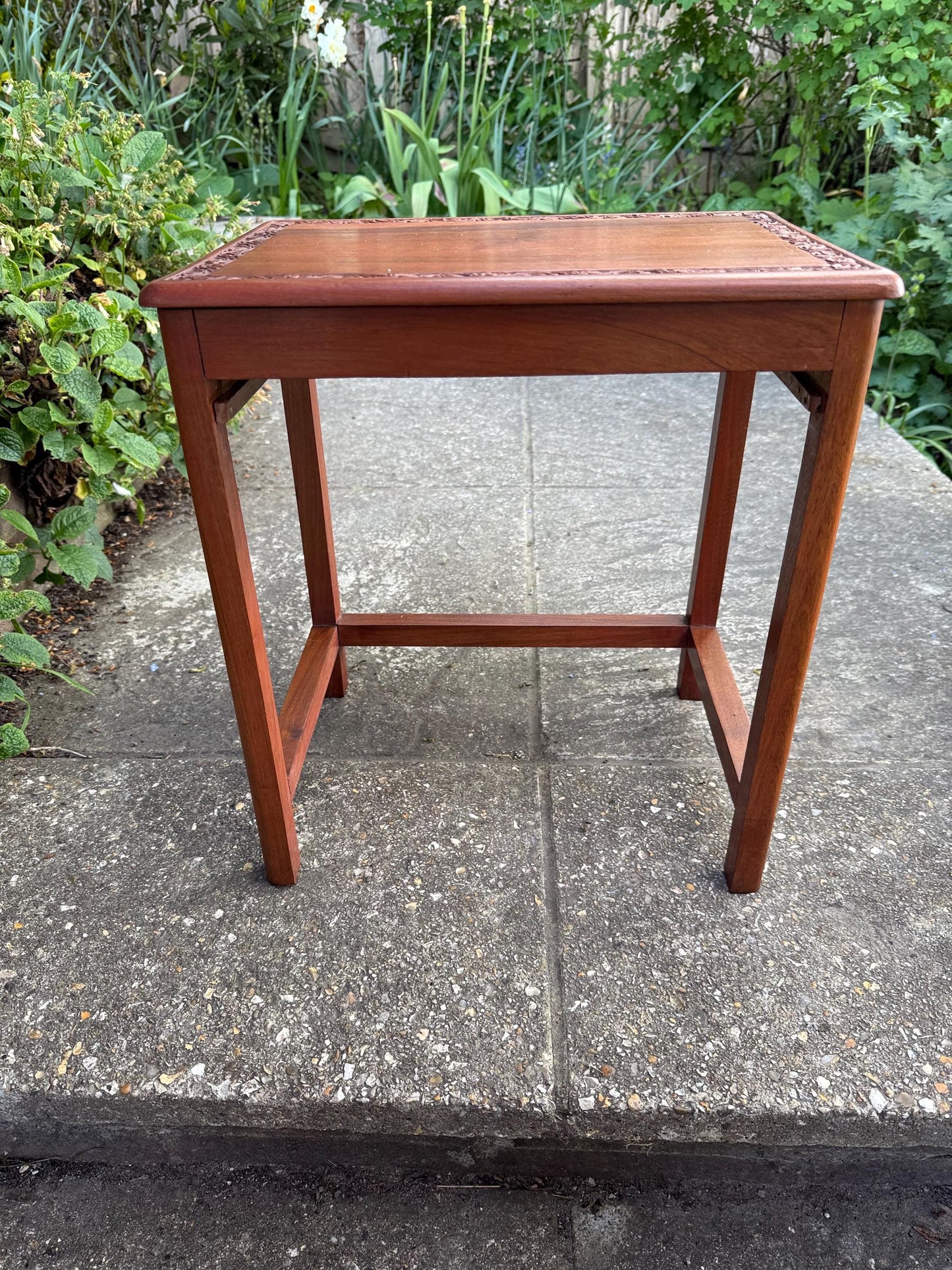 Delightful hand carved vintage 1950s occasional table with secret storage compartment; small side table, plant stand, mid century table