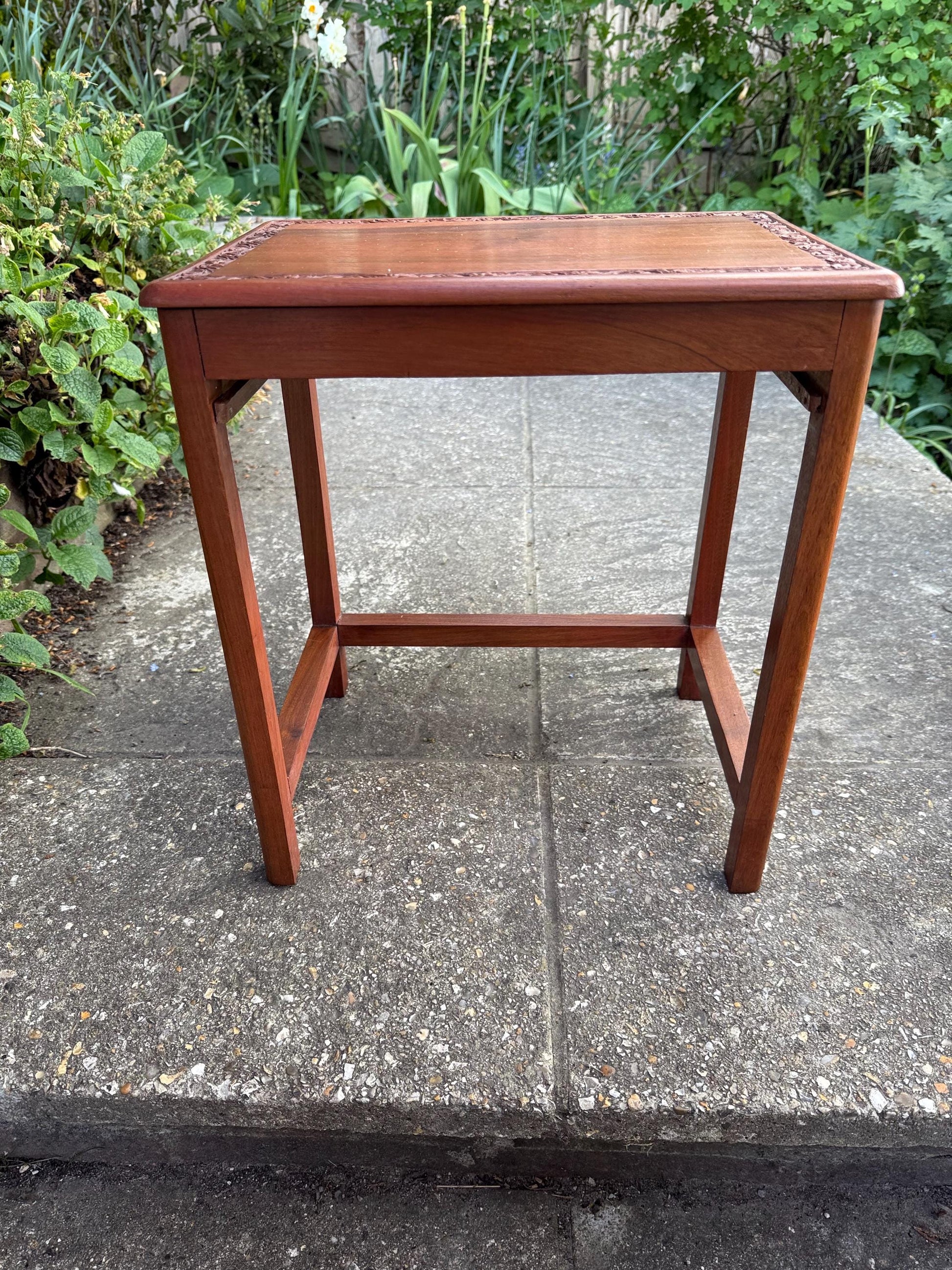 Delightful hand carved vintage 1950s occasional table with secret storage compartment; small side table, plant stand, mid century table