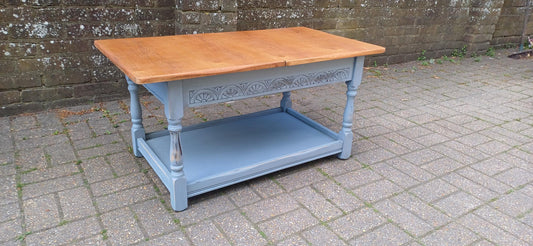 Rustic Grey Painted Coffee Table with Oak Veneer Top Sliding Storage Vintage Style with Danish Oil Finish Blue Grey FREE HAND Delivery