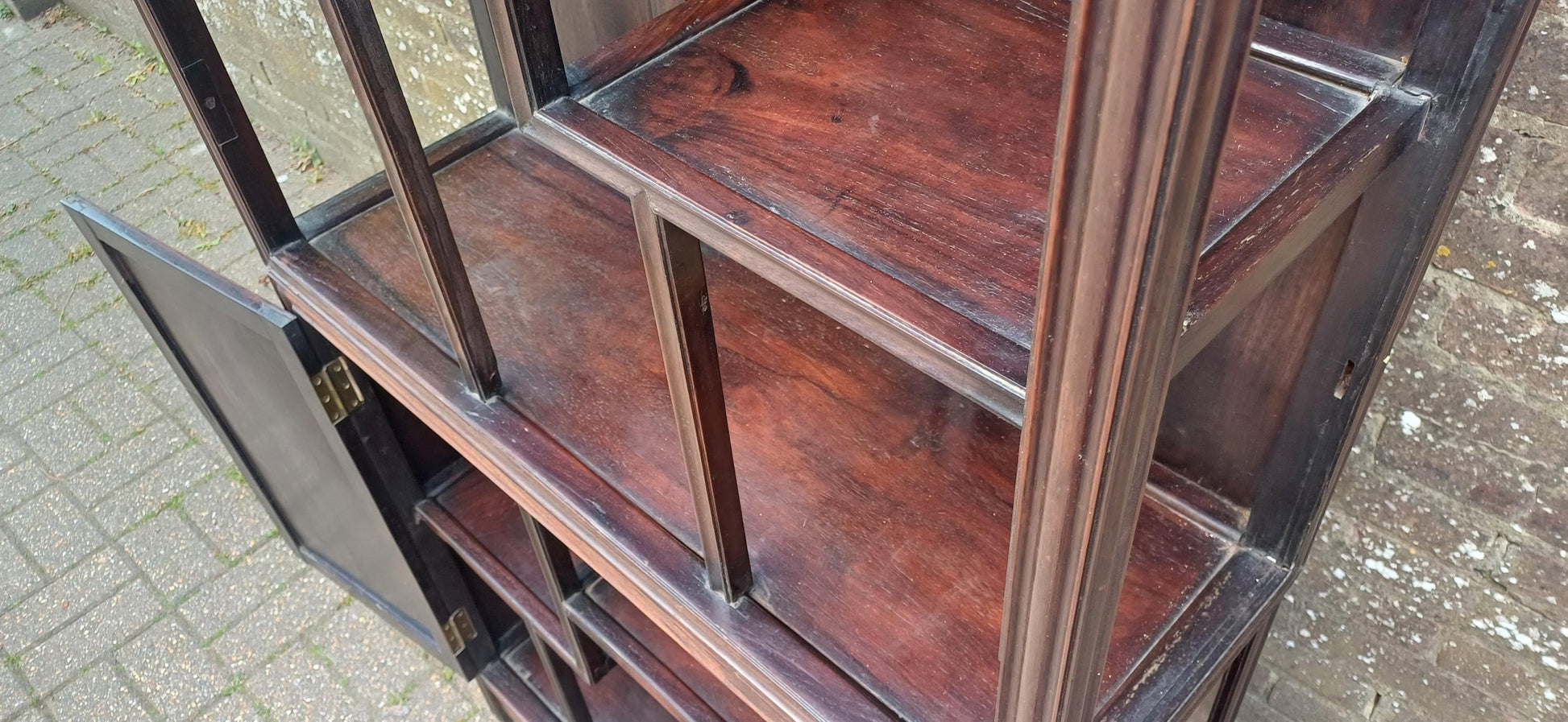Victorian Hardwood Display Cabinet – Ornate Oriental Style Step Shelves & Carved Base, Late 19th Century Zig Zag Shelves FREE HAND Delivery