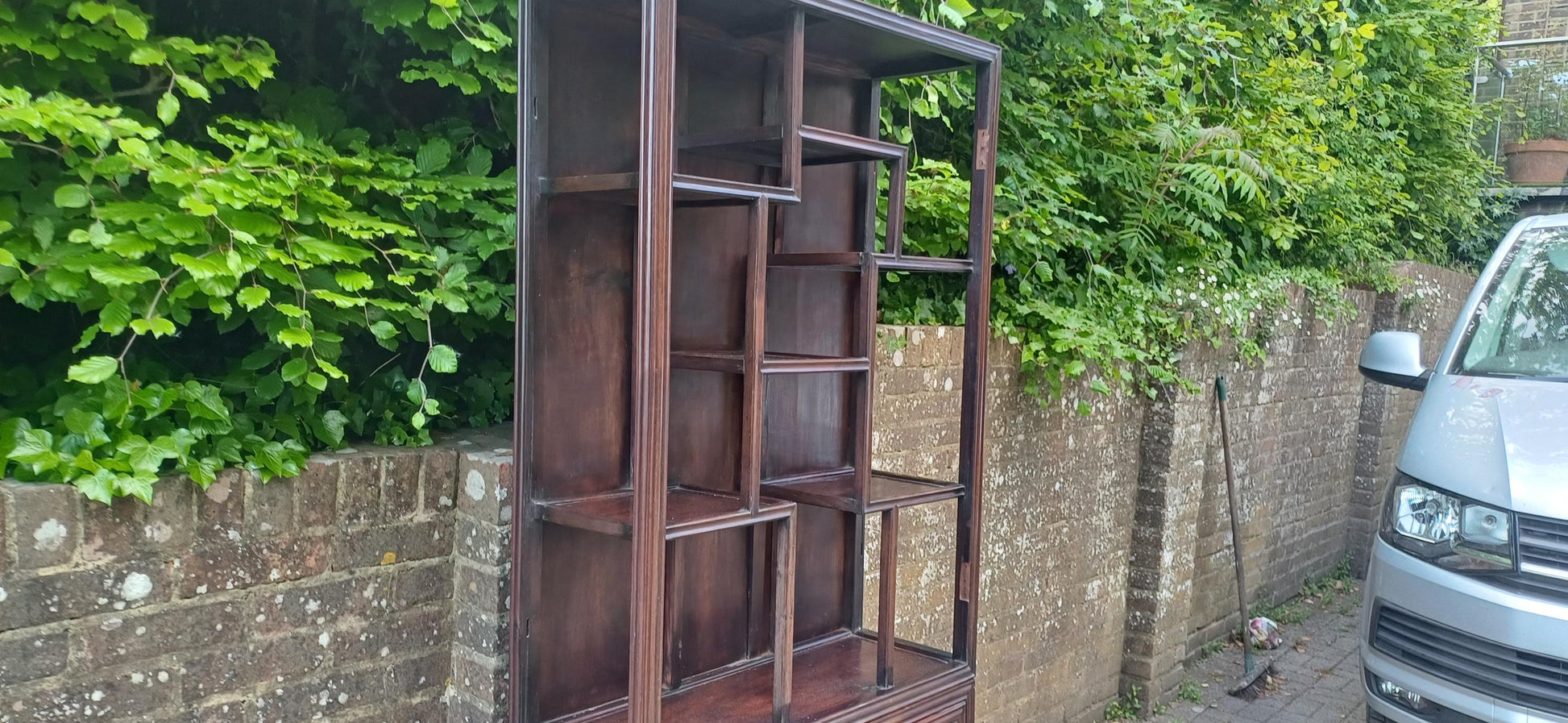 Victorian Hardwood Display Cabinet – Ornate Oriental Style Step Shelves & Carved Base, Late 19th Century Zig Zag Shelves FREE HAND Delivery