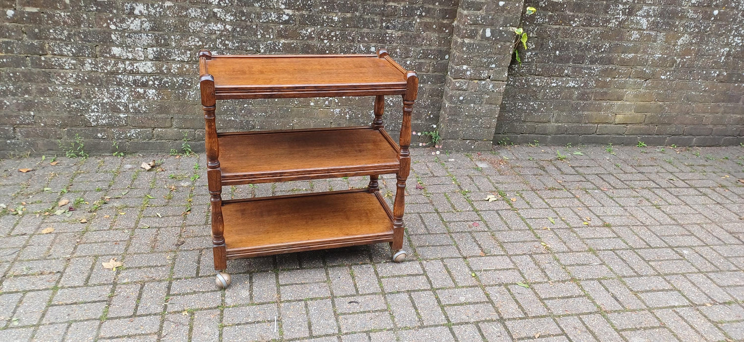 Versatile Vintage Solid Oak Three-Tier Sideboard Trolley Buffet – Display Shelves FREE HAND Delivery Top Quality Working Castors