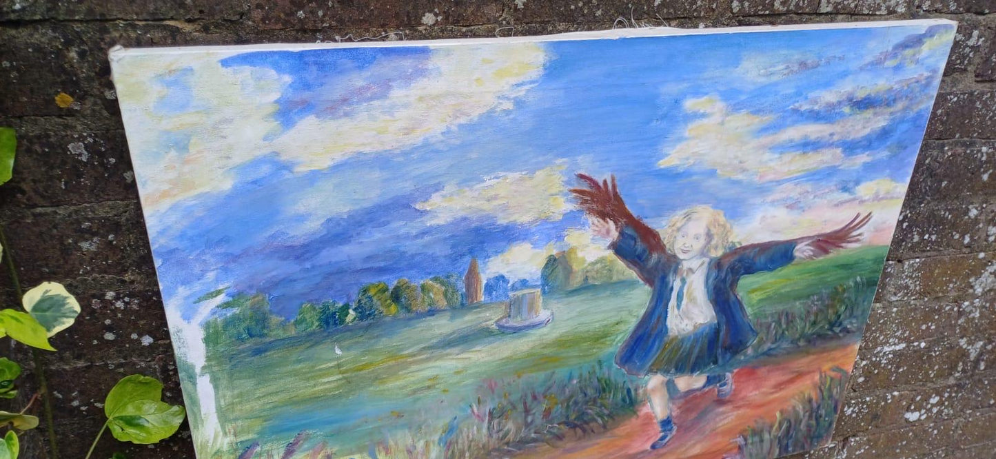 Original Acrylic Painting on Canvas of Joyful Child Running in Nature | Whimsical Icarus-Inspired Art | Impressionist Painting 81 x 59cm