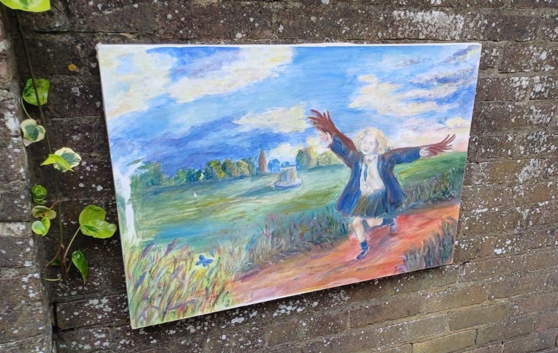 whimsical painting of a child. original artwork of a child running like icarus in nature. child is happy and joyful. It is a cheerful cheeky patining .full of imagination. large painting on canvas.