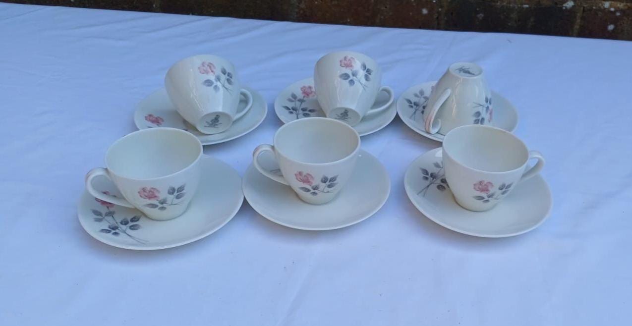 Vintage Royal Doulton "Pillar Rose", Vintage Set of 6 Coffee Cups & Saucers, Delicate English China, coffee set, coffeeware c1970s