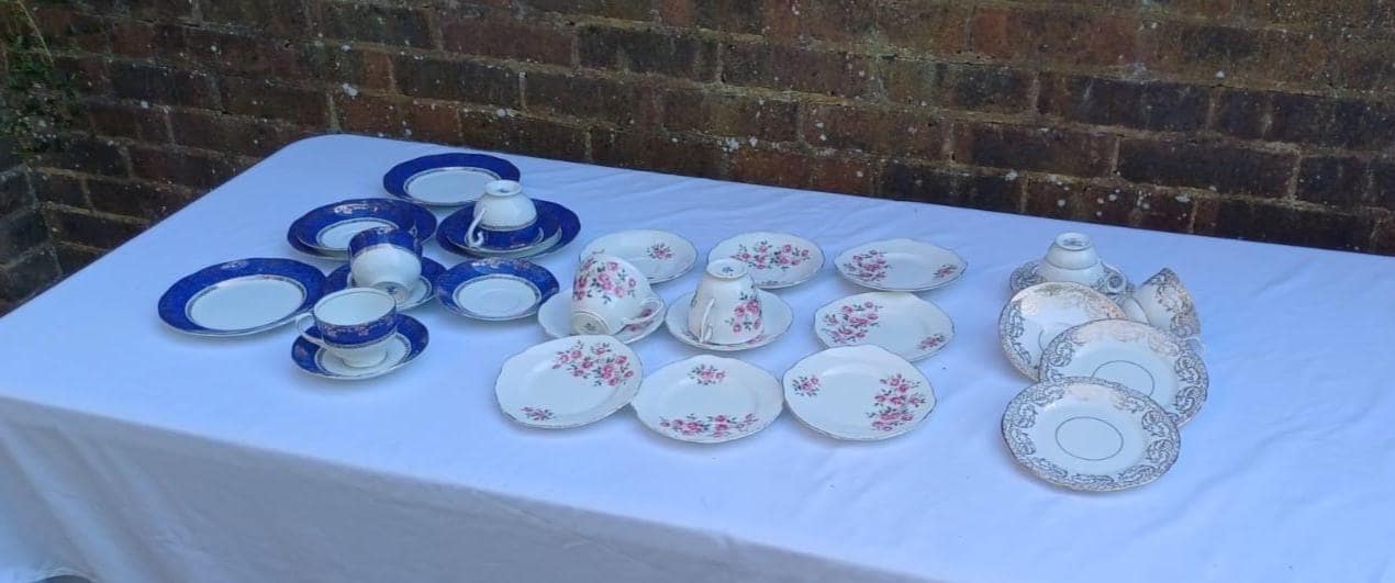 29 pieces of vintage victorian cups and saucers. pieces for a vintage tea set. cobalt blue and gold set. pink rose set. gold and white set. lots of different pieces all delicate china with attractive decoration
