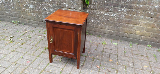 Antique Edwardian Inlaid Mahogany Bedside Cabinet – Vintage Nightstand Cupboard with Brass Ring Pull & Shelf Storage