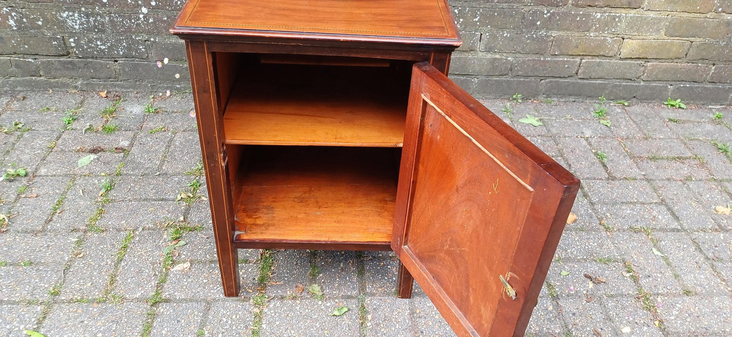 Antique Edwardian Inlaid Mahogany Bedside Cabinet – Vintage Nightstand Cupboard with Brass Ring Pull & Shelf Storage