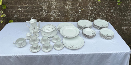 Vintage Winterling Bavarian Porcelain Dinner Service, Silver & Grey Botanical, West German china service - 47 pieces, 6 place + setting plus